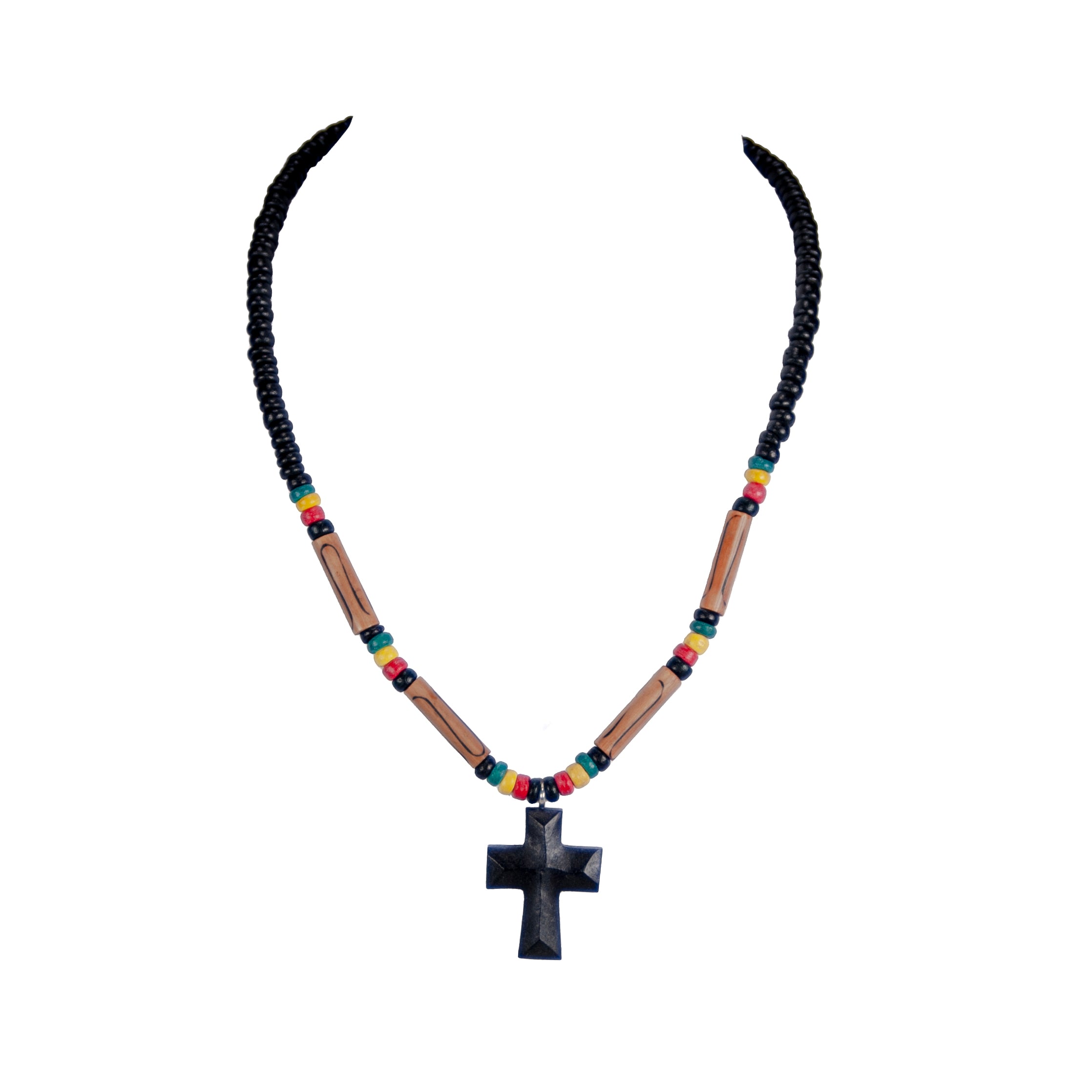 Wood Cross Pendant on Rasta Coconut & Puka  Shell Beads Necklace