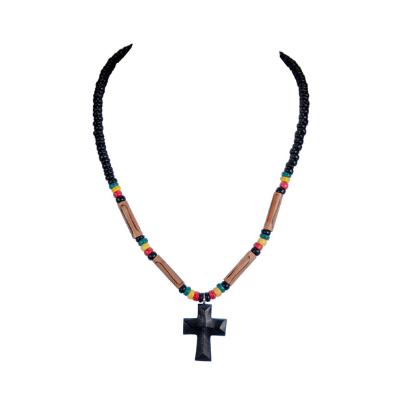 Wood Cross Pendant on Rasta Coconut Puka Shell Beads Necklace