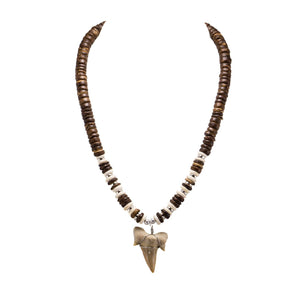 1¼"+ Shark Tooth Pendant on Brown Coconut Beads Necklace