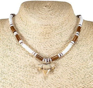 1"+ Shark Tooth Pendant on Wood Tubes and Puka Shell Beads Necklace