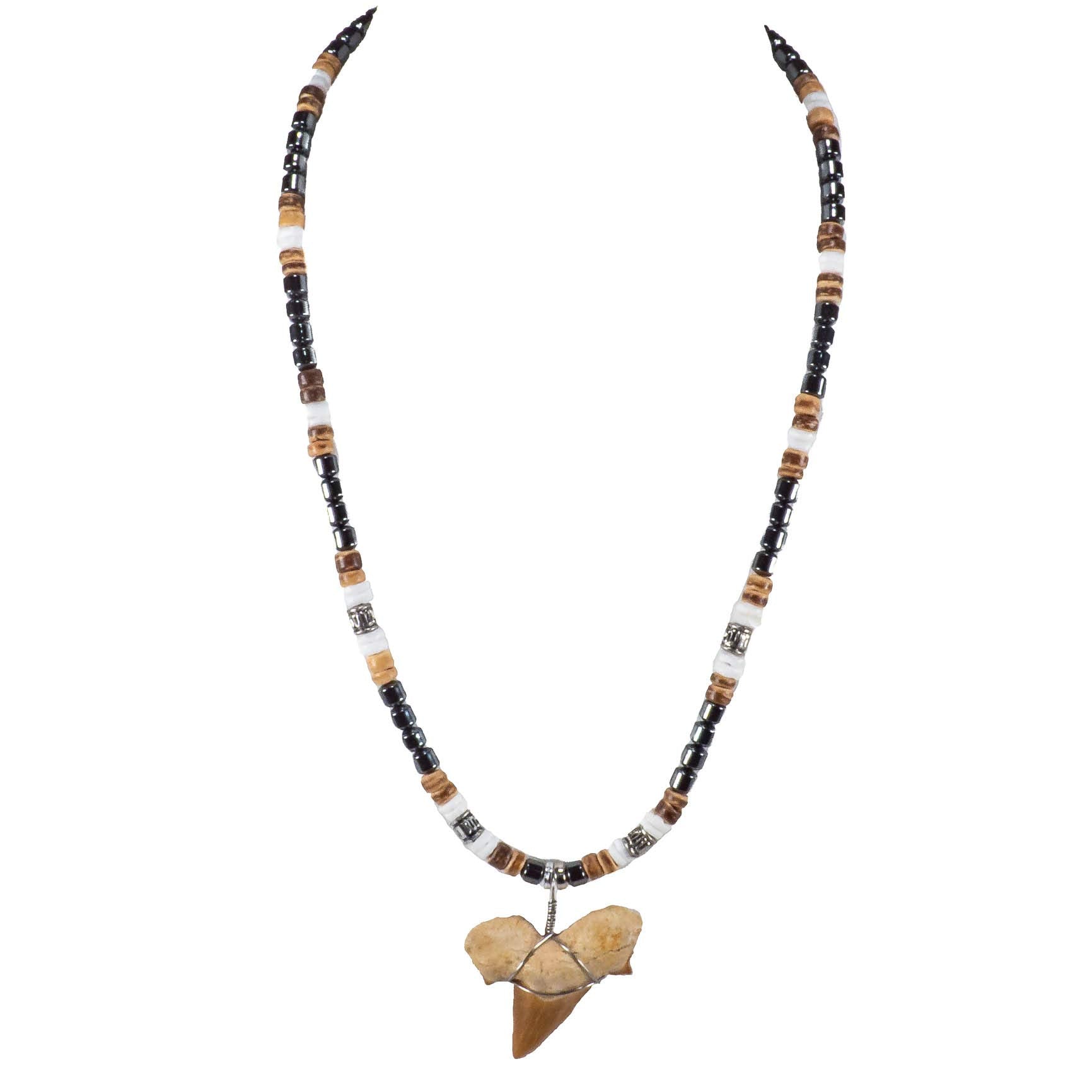 1¼"+ Shark Tooth Pendant on Hematite, Coconut & Puka Shell Beads Necklace
