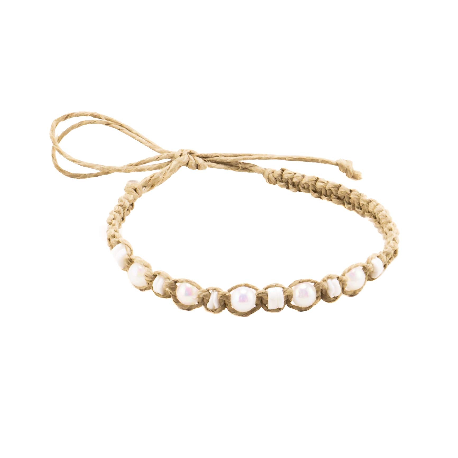 White Glowbeads and Puka Shells on Hemp Anklet Bracelet