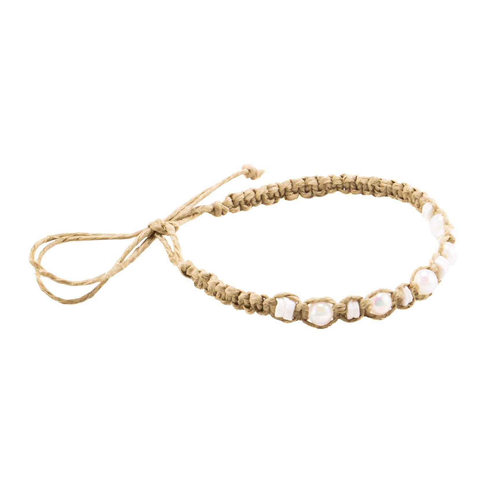 White Glowbeads and Puka Shells on Hemp Anklet Bracelet