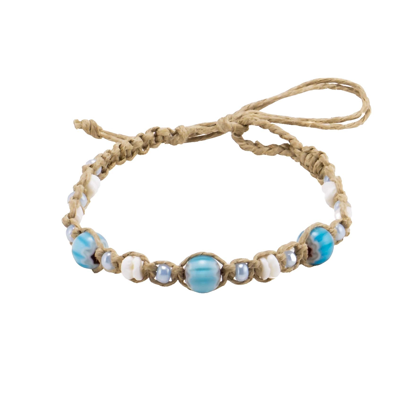 Blue Glass Beads and Puka Shells on Hemp Anklet Bracelet