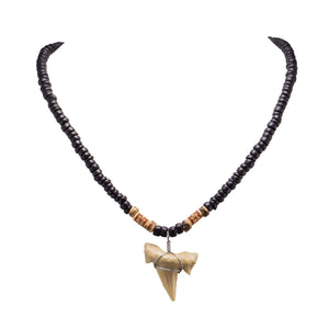 1"+ Shark Tooth Pendant on Black Coconut Beads Necklace