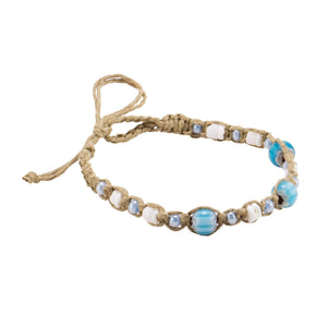 Blue Glass Beads and Puka Shells on Hemp Anklet Bracelet