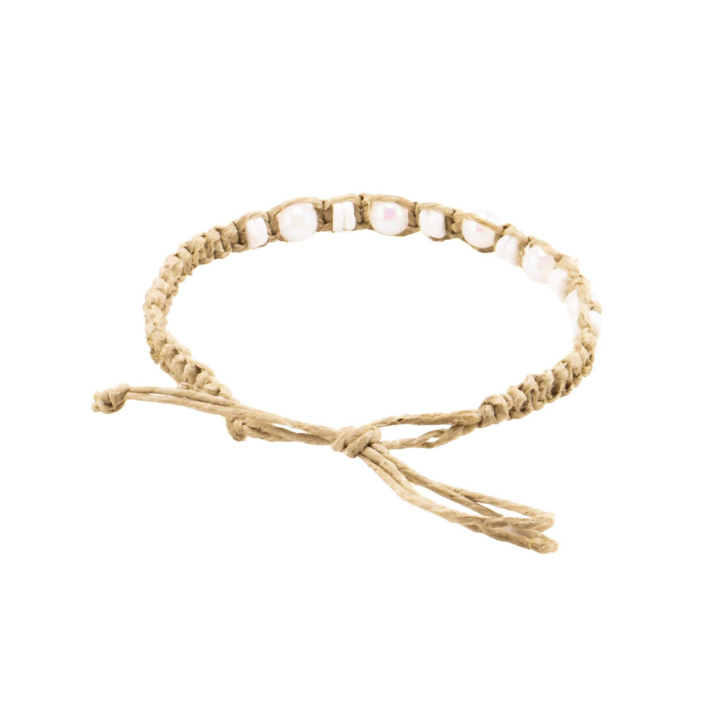 White Glowbeads and Puka Shells on Hemp Anklet Bracelet