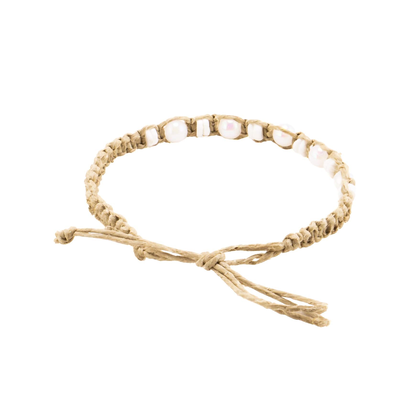 White Glowbeads and Puka Shells on Hemp Anklet Bracelet