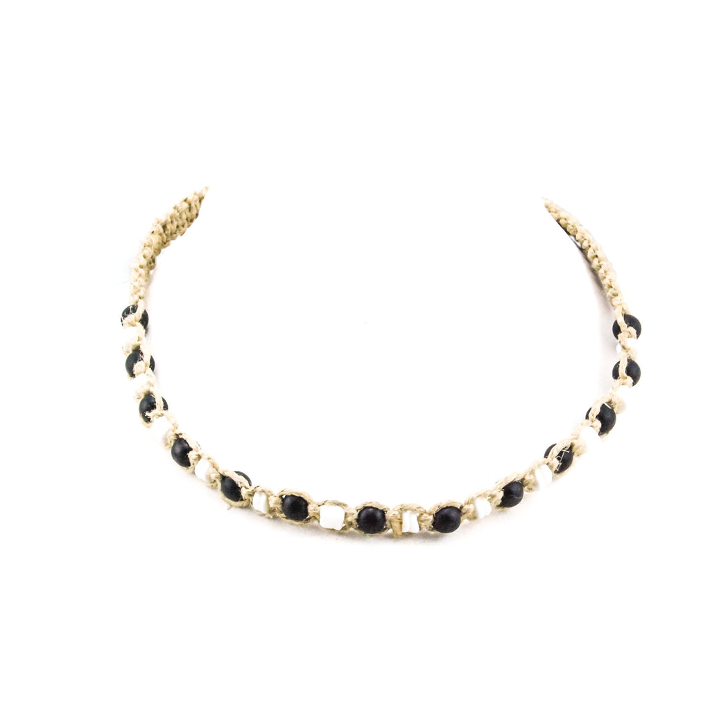Hemp Choker Necklace With White Clam Black Bead
