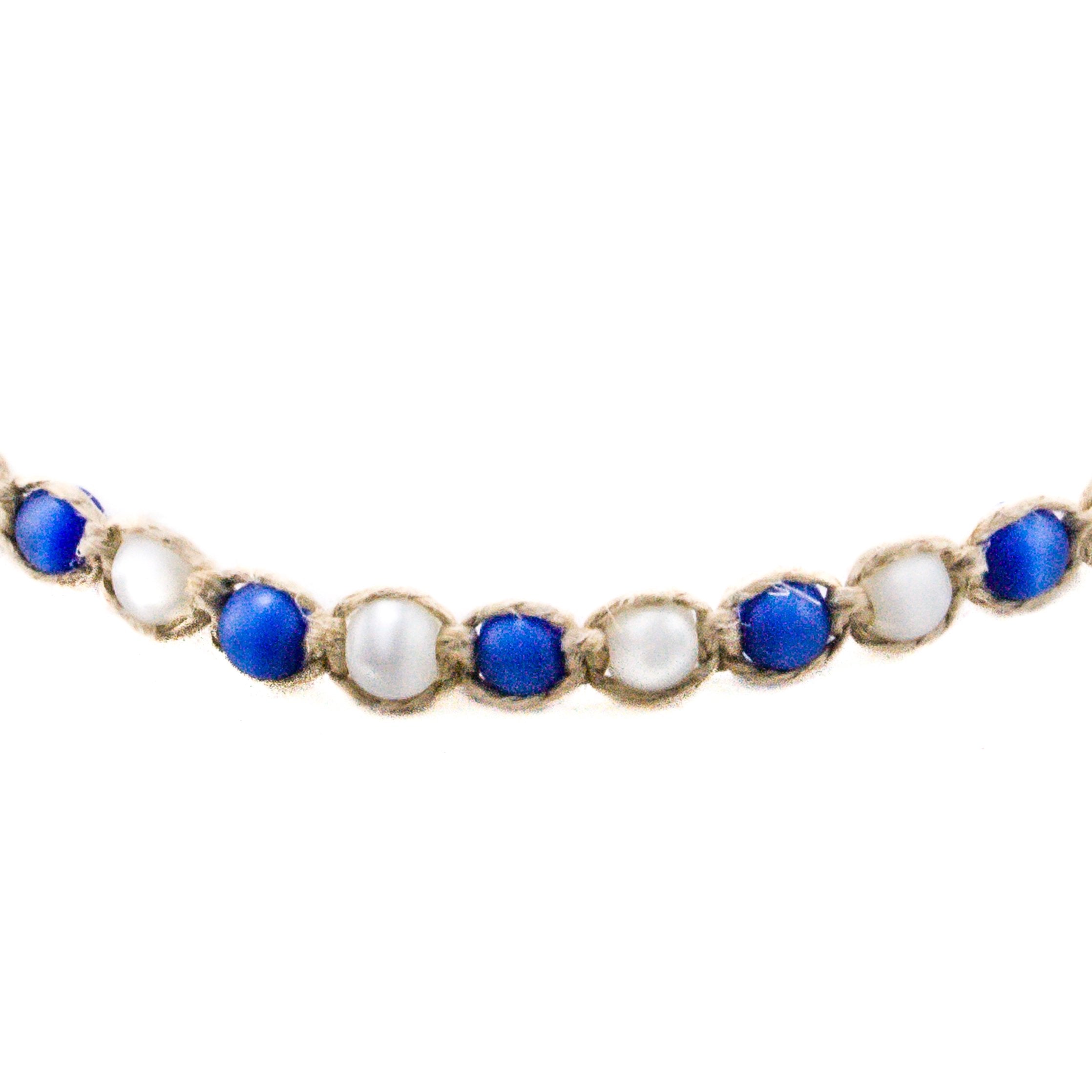 Dark Blue and White Cat's Eye Beads (7mm) on Hemp Choker Necklace