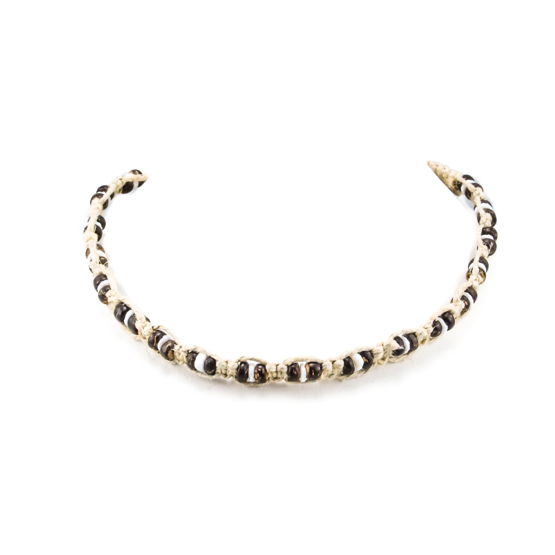 Brown Coconut Beads and Puka Shells on Hemp Choker Necklace