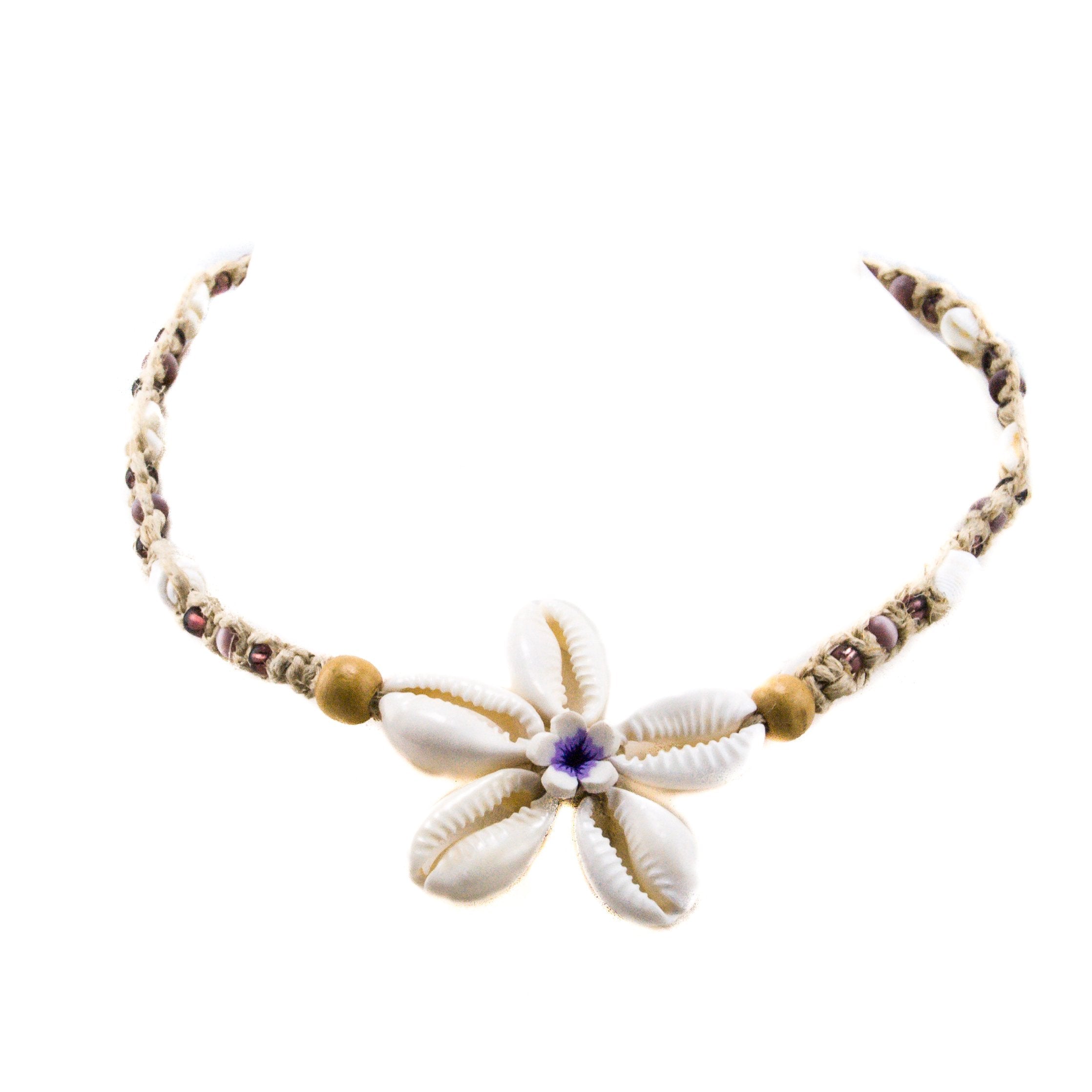 Cowrie Shells Flower Pendant  and Purple Beads on Hemp Choker Necklace