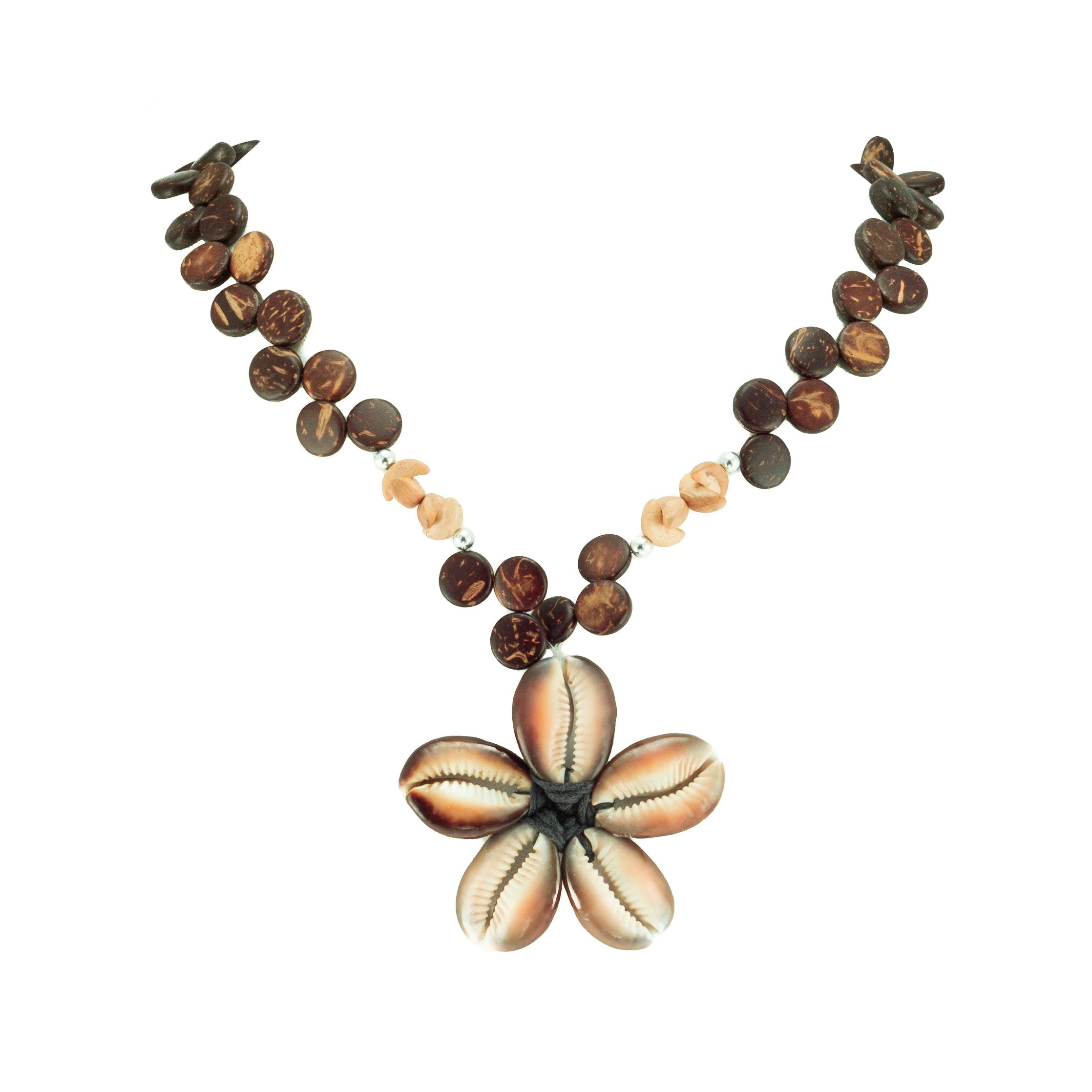 Kaput Shells Flower Pendant on Wood Disc Beads Necklace