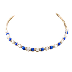 Dark Blue and White Cat's Eye Beads (7mm) on Hemp Choker Necklace