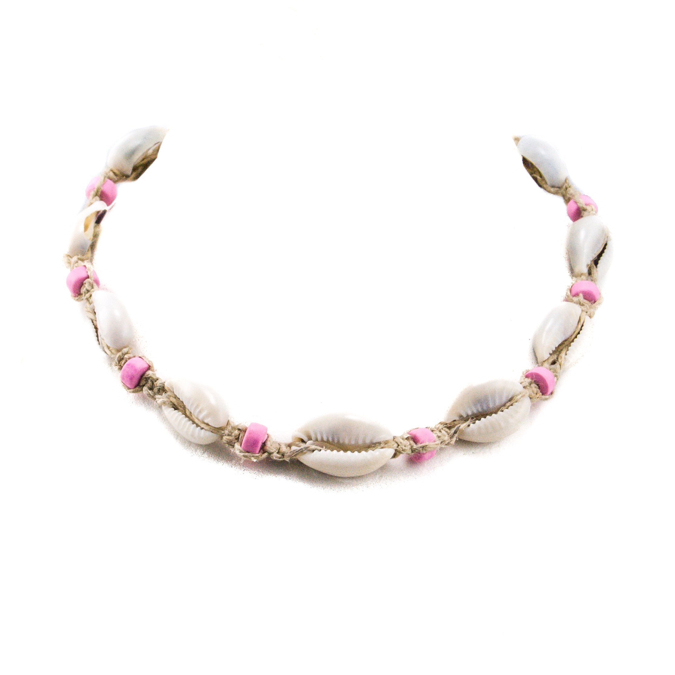 Hemp Choker Necklace with Cowrie Shells and Pink Fimo Beads