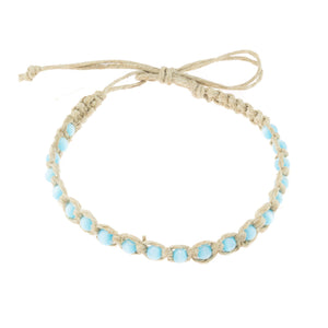 Turquoise Blue Cat's Eye Beads on Hemp Anklet Bracelet