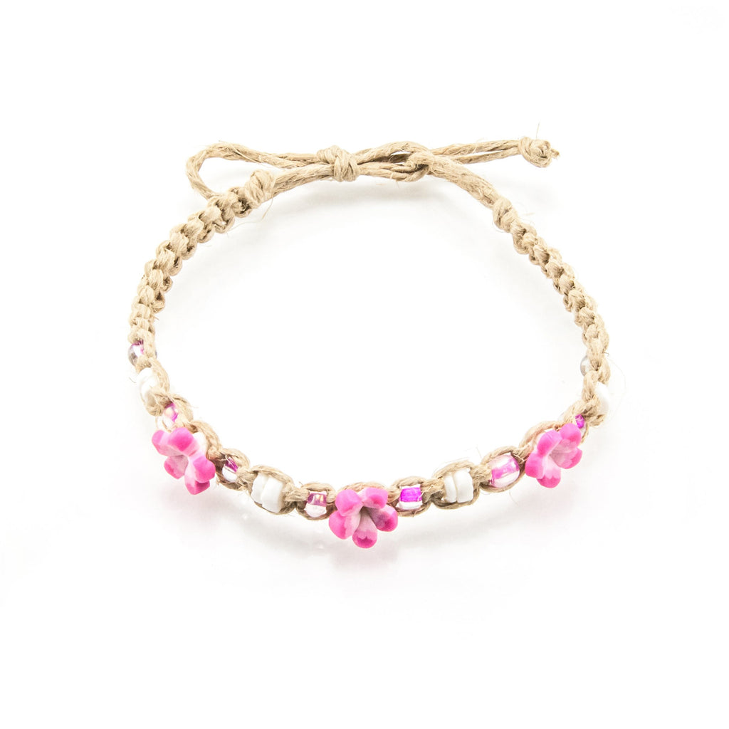 Pink Flowers and Puka Shell Beads on Hemp Anklet Bracelet
