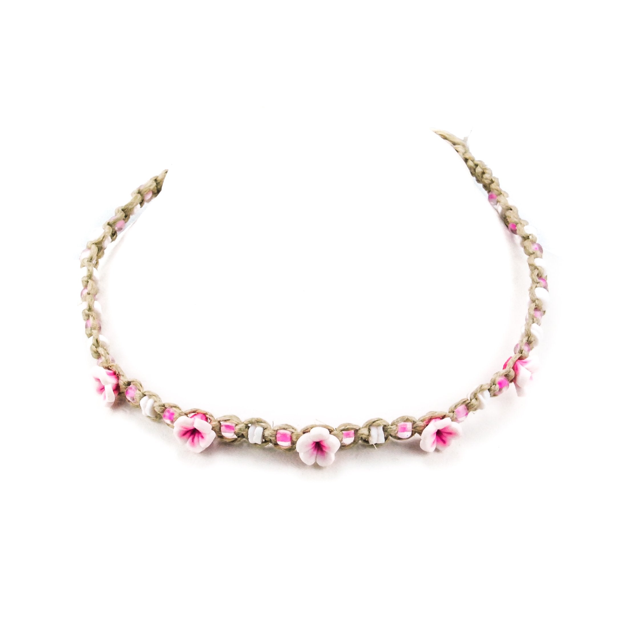Pink Flowers and Puka Shell Beads on Hemp Choker Necklace