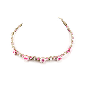 Pink Flowers and Puka Shell Beads on Hemp Choker Necklace