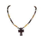 Load image into Gallery viewer, Wood Cross Pendant on Brown Coconut and Puka Shell Beads Necklace

