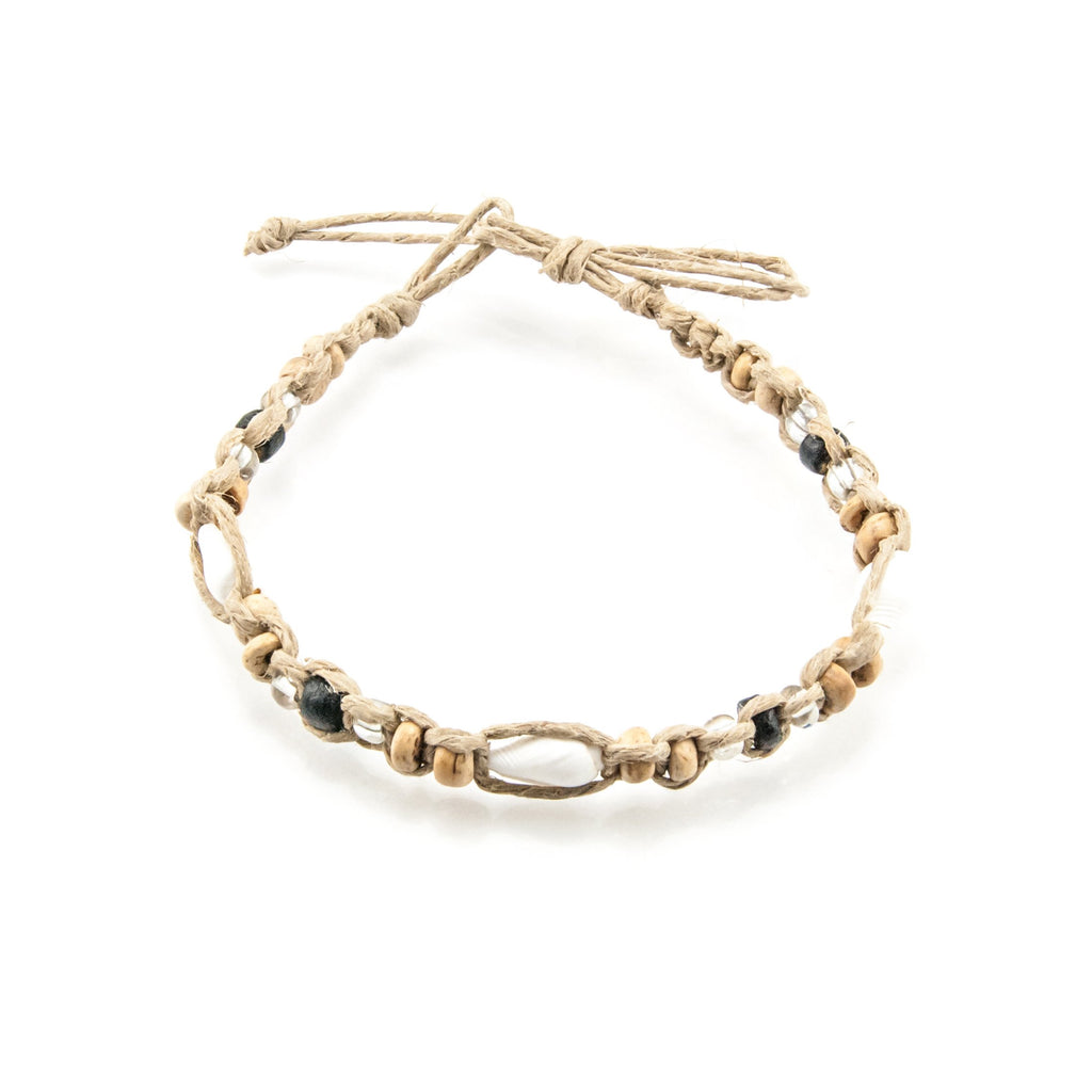 Nassa Shells, Black and Tan Coconut Beads on Hemp Anklet Bracelet
