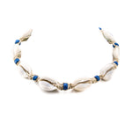 Load image into Gallery viewer, Hemp Choker Necklace with Cowrie Shells and Blue Fimo Beads
