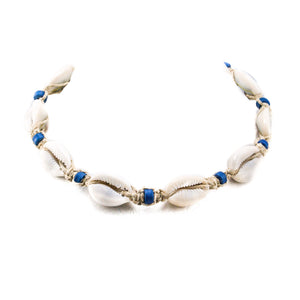 Hemp Choker Necklace with Cowrie Shells and Blue Fimo Beads