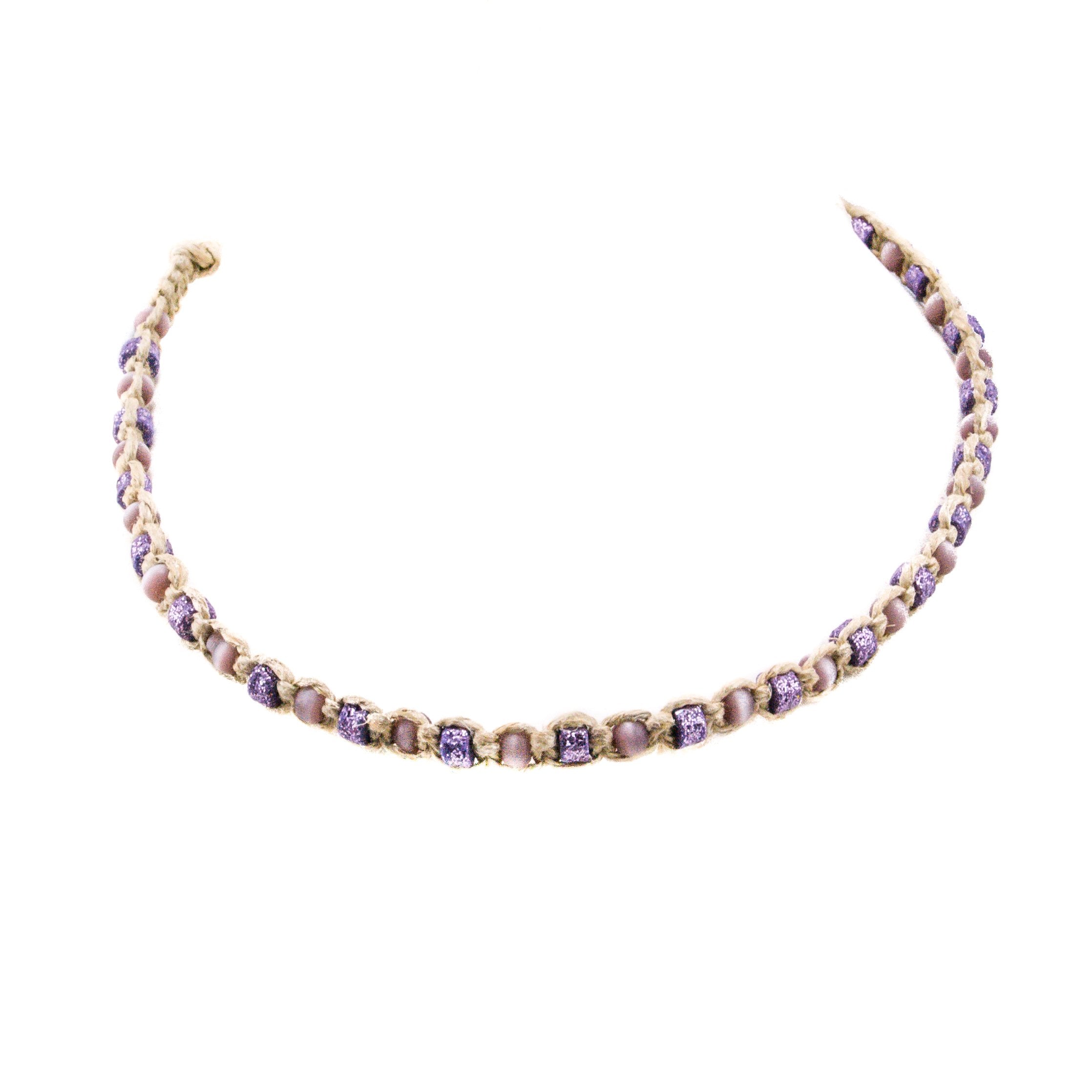 Purple Cat's Eye and Fimo Glitter Beads on Hemp Choker Necklace