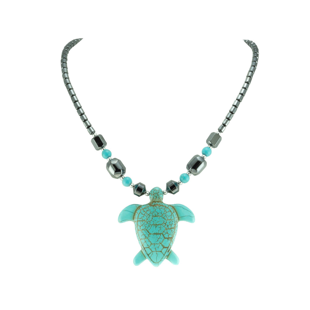 Turquoise Sea Turtle Pendant on Hematite Beads Necklace
