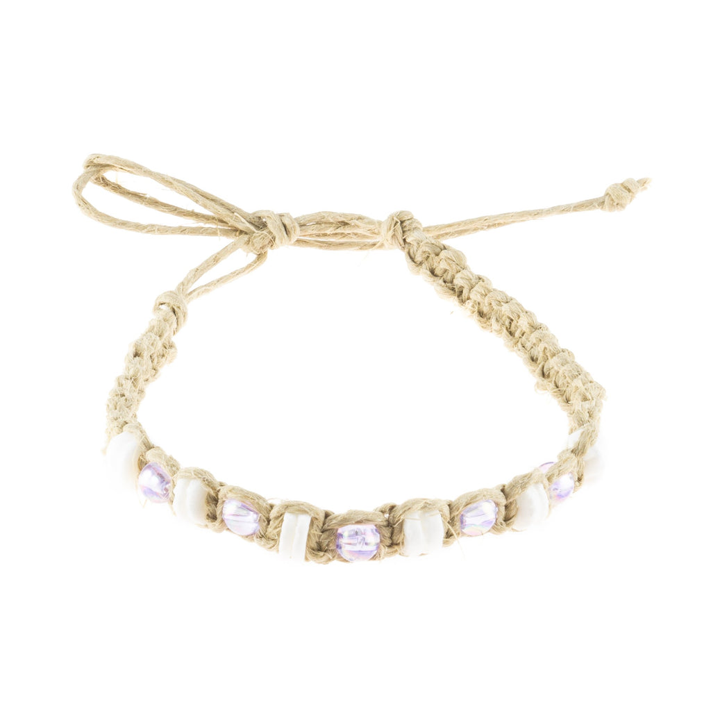 Purple Glowbeads and Puka Shells on Hemp Anklet Bracelet
