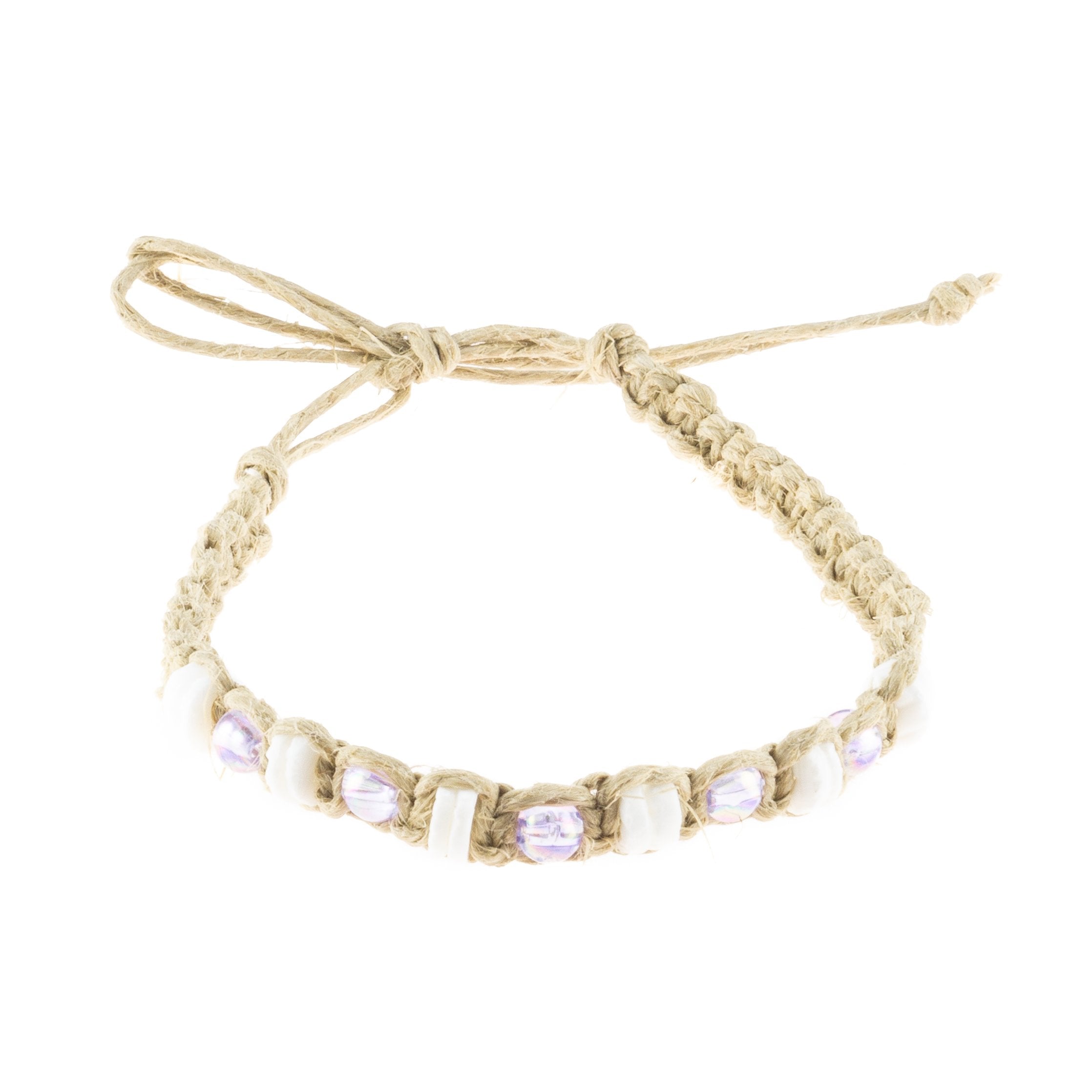 Purple Glowbeads and Puka Shells on Hemp Anklet Bracelet