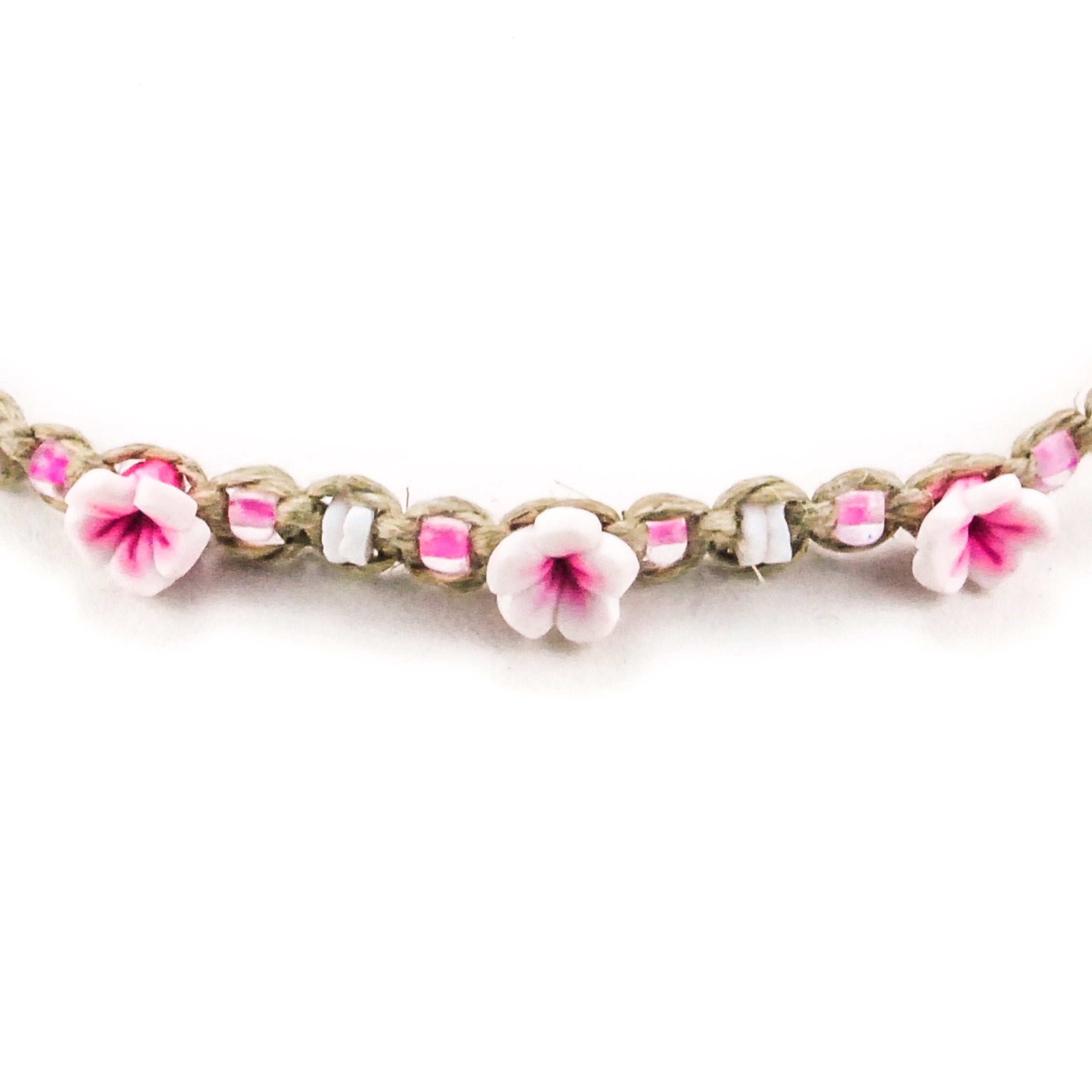 Pink Flowers and Puka Shell Beads on Hemp Choker Necklace