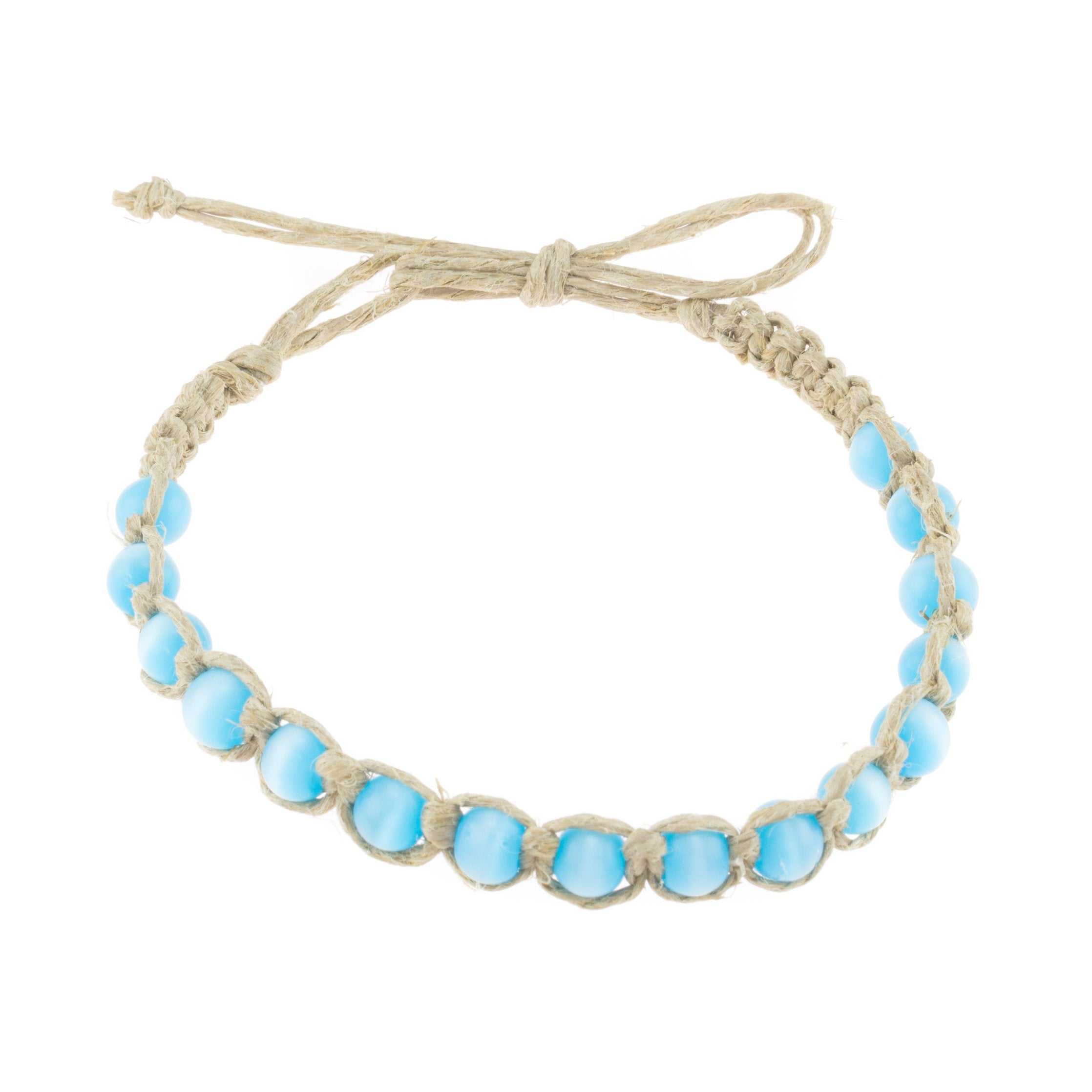 Turquoise Blue Cat's Eye Beads (7mm) on Hemp Anklet Bracelet