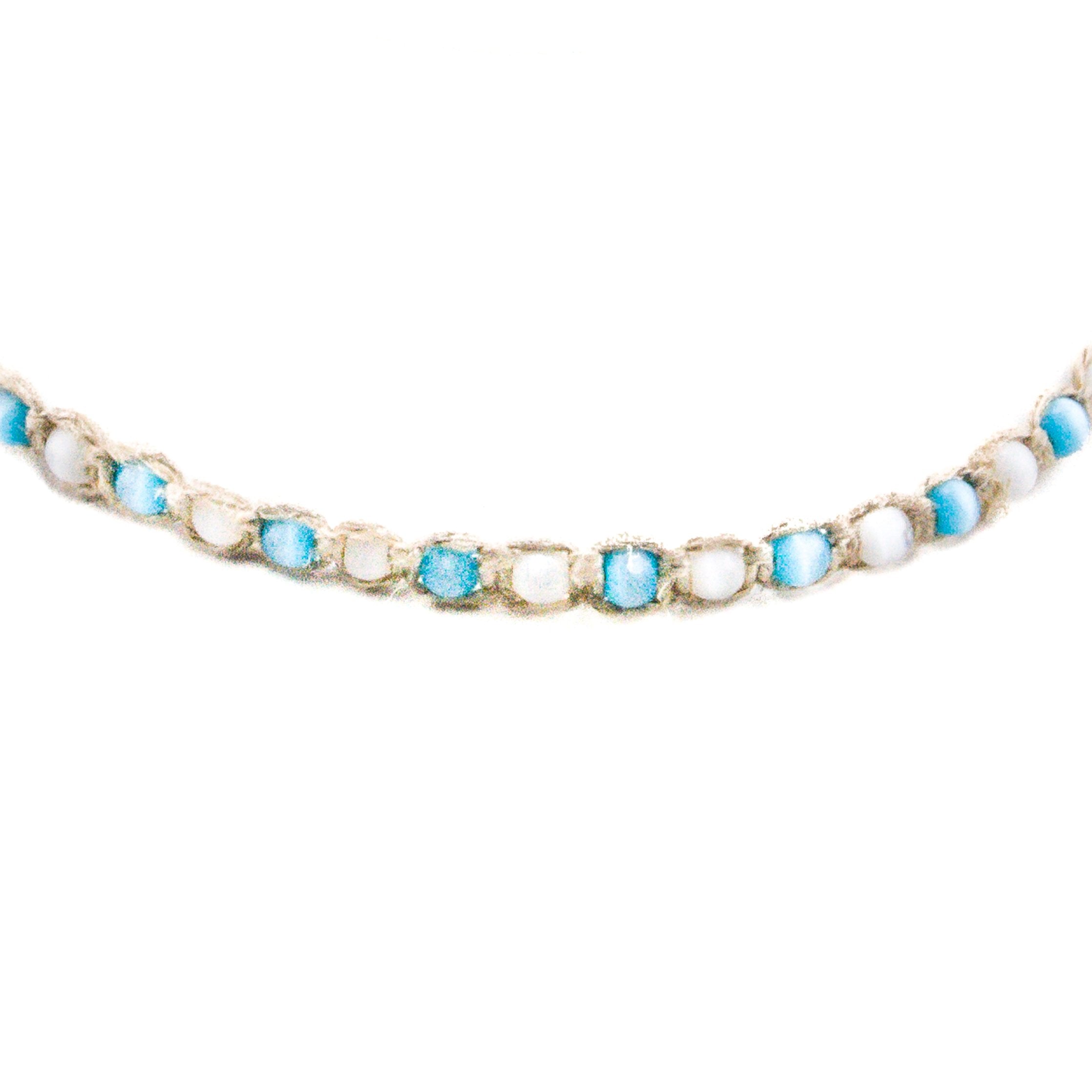 White and Blue Cat's Eye Beads on Hemp Choker Necklace