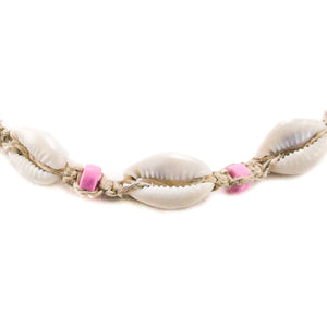 Hemp Choker Necklace with Cowrie Shells and Pink Fimo Beads