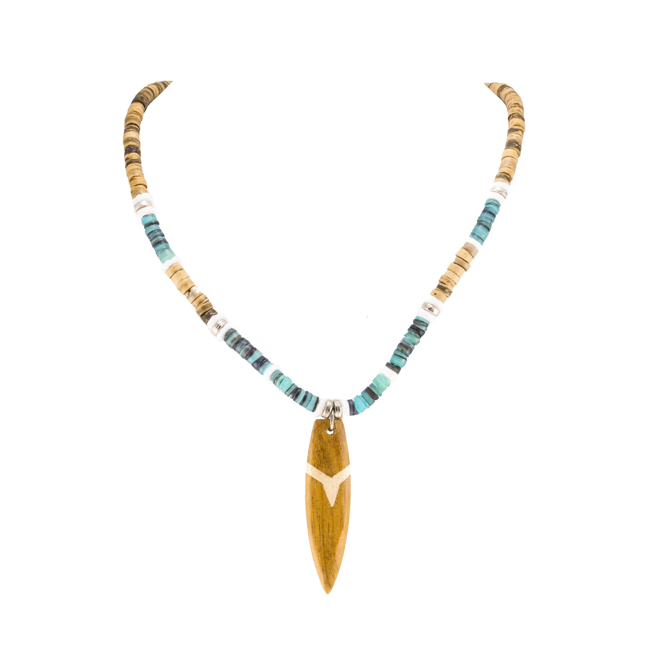 Wood Surfboard Pendant on Tiger Coconut and Green Shell Beads Necklace