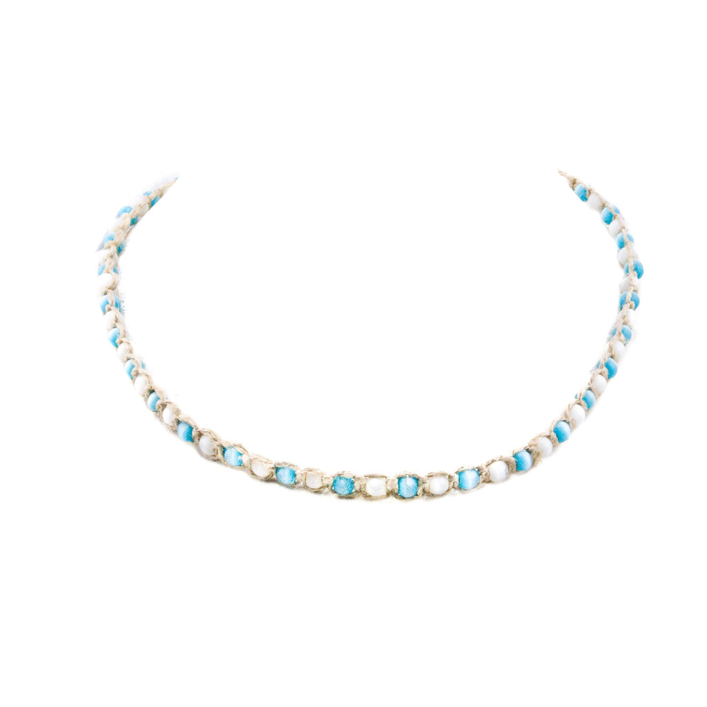 White and Blue Cat's Eye Beads on Hemp Choker Necklace