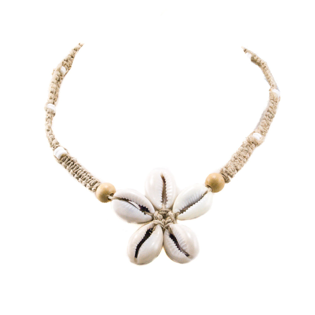 Cowrie Shells Flower Pendant on Hemp Choker Necklace