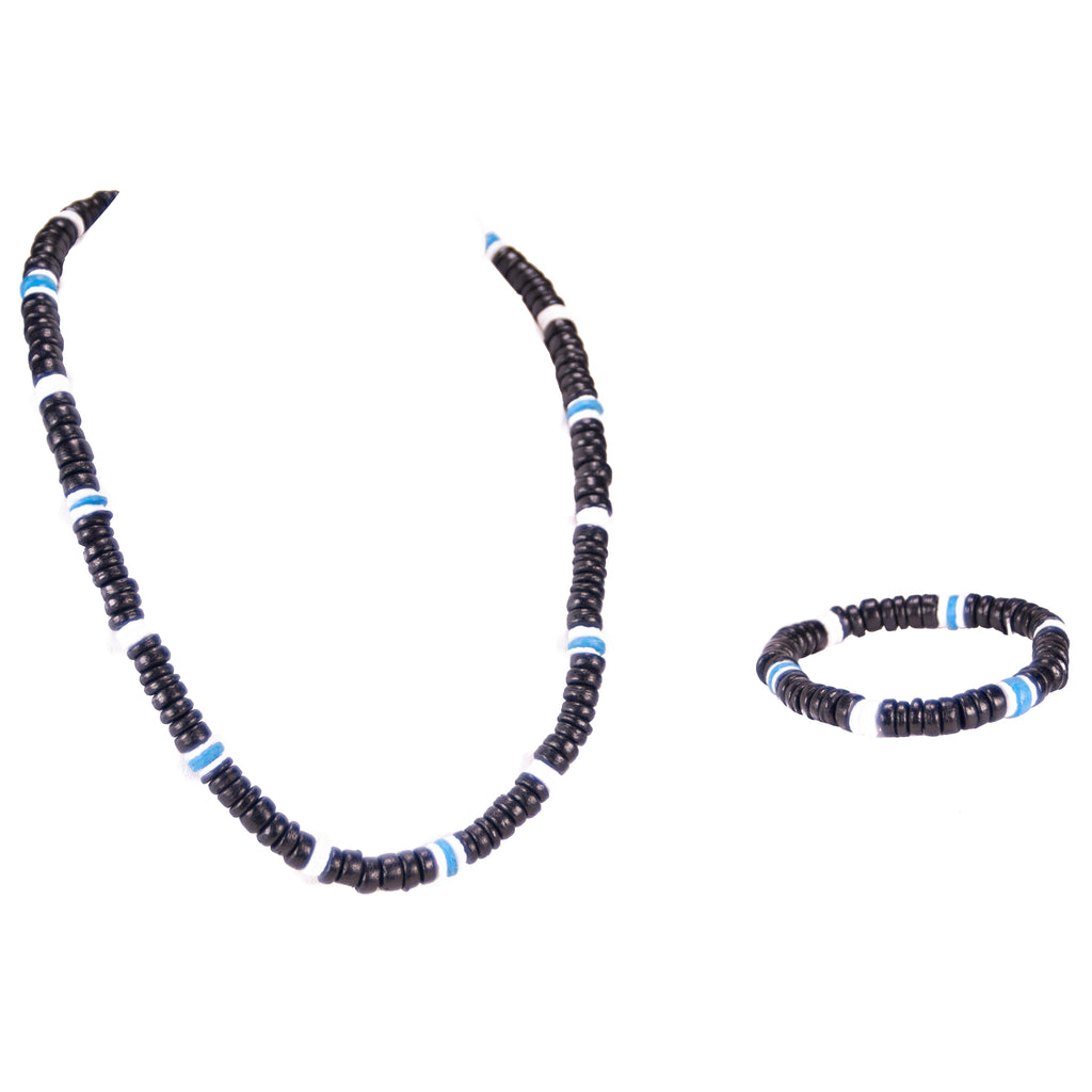 Black & Blue Coconut Beads and Puka Shell Beads Necklace & Bracelet Set