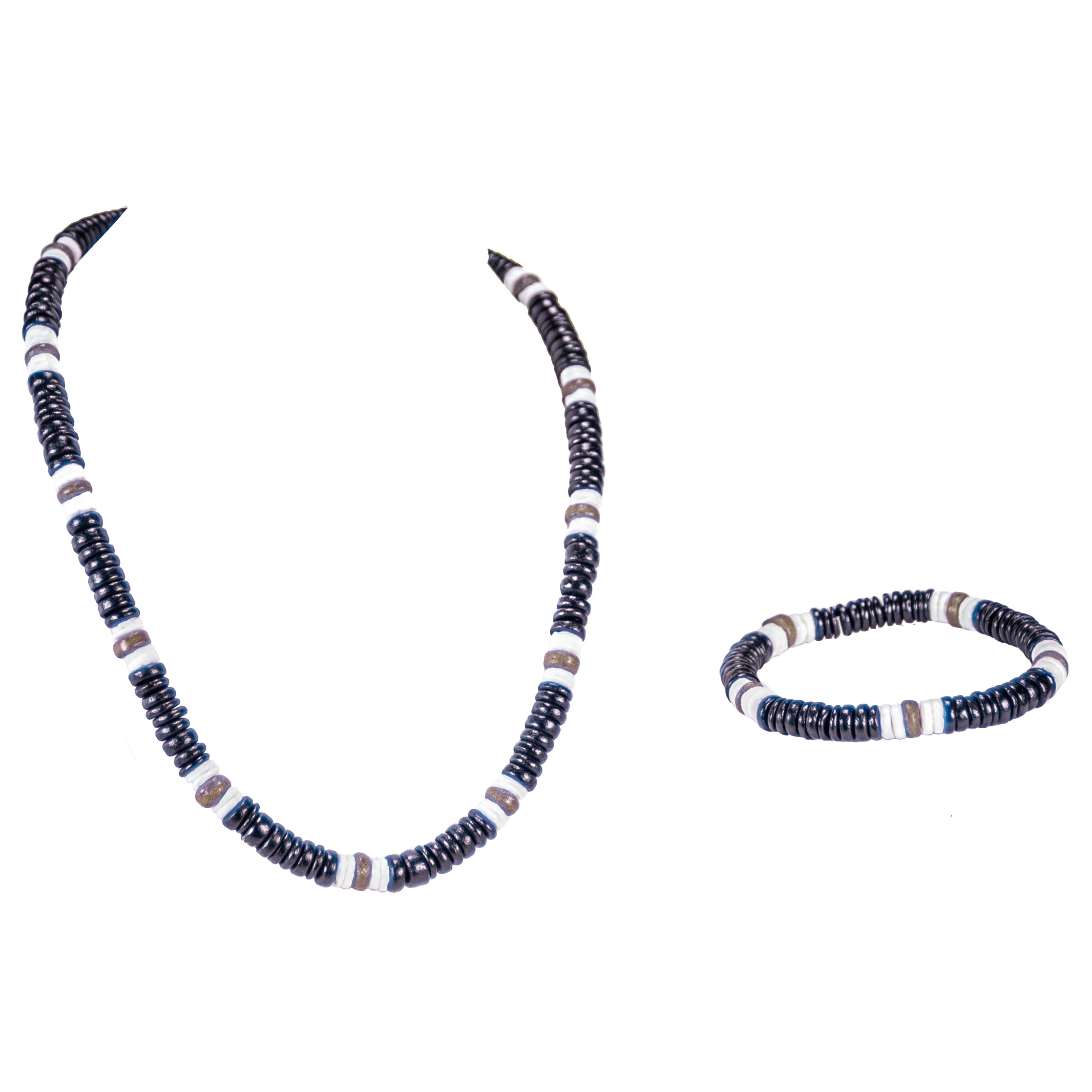 Black & Olive Coconut Beads and Puka Shell Beads Necklace & Bracelet Set