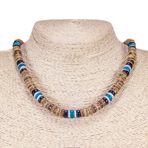 Tiger Brown & Blue Coconut Beads and Puka Shell Beads Necklace & Bracelet Set