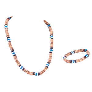 Tiger Brown & Blue Coconut Beads and Puka Shell Beads Necklace & Bracelet Set