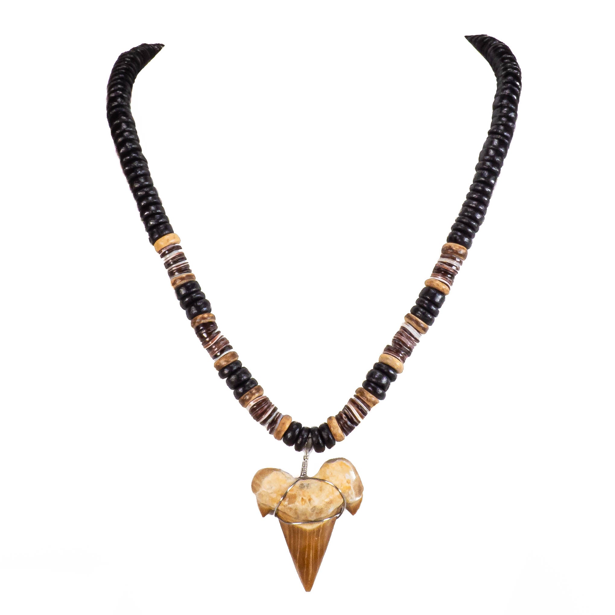 1¼"+ Shark Tooth Pendant on Black Coconut and Oyster Shell Beads Necklace