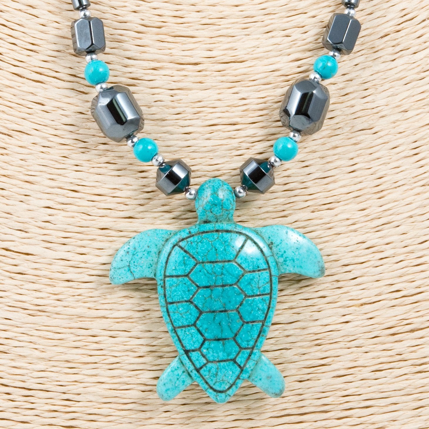 Turquoise Sea Turtle Pendant on Hematite Beads Necklace