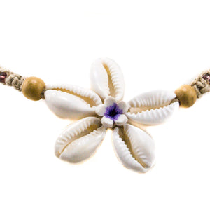 Cowrie Shells Flower Pendant  and Purple Beads on Hemp Choker Necklace