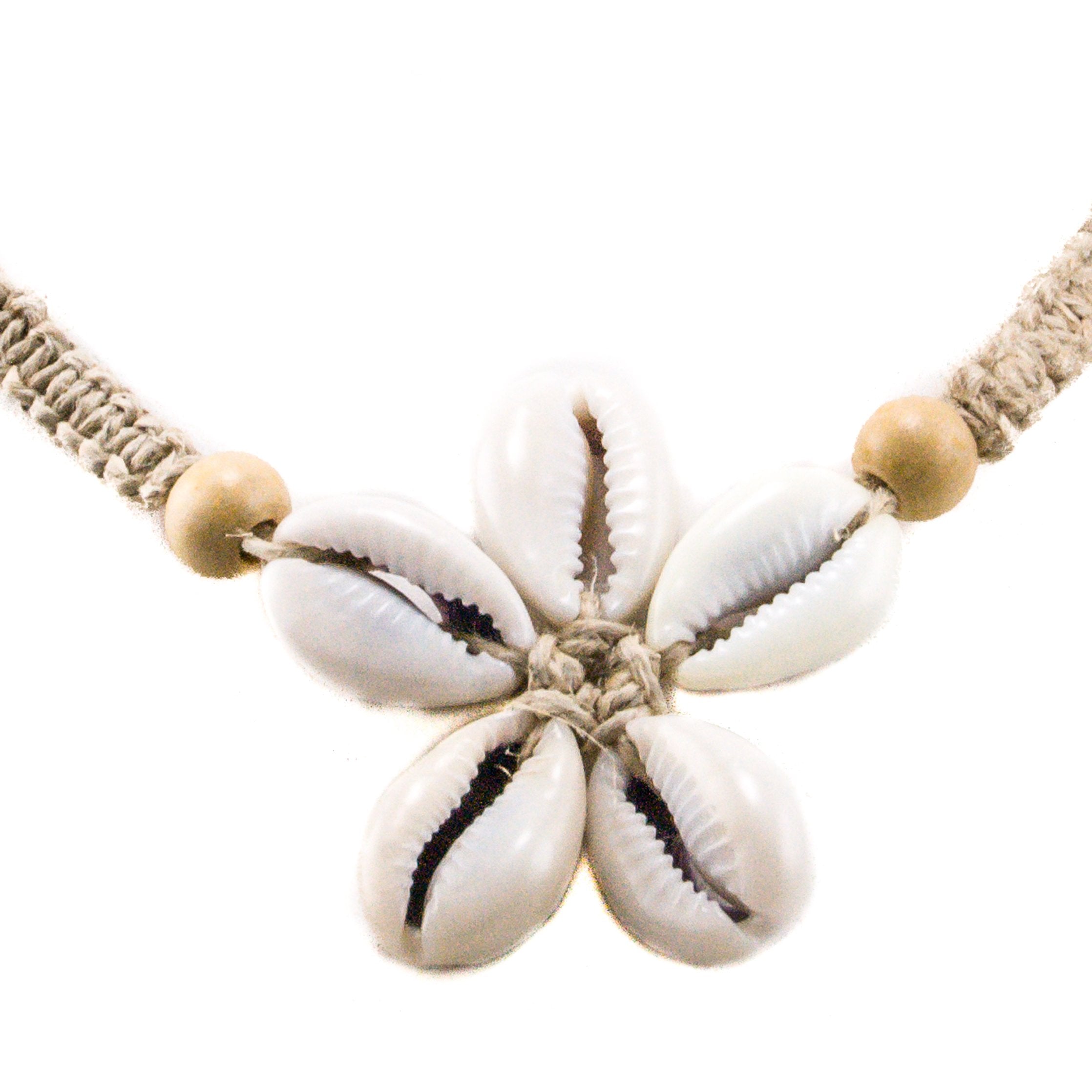 Cowrie Shells Flower Pendant on Hemp Choker Necklace