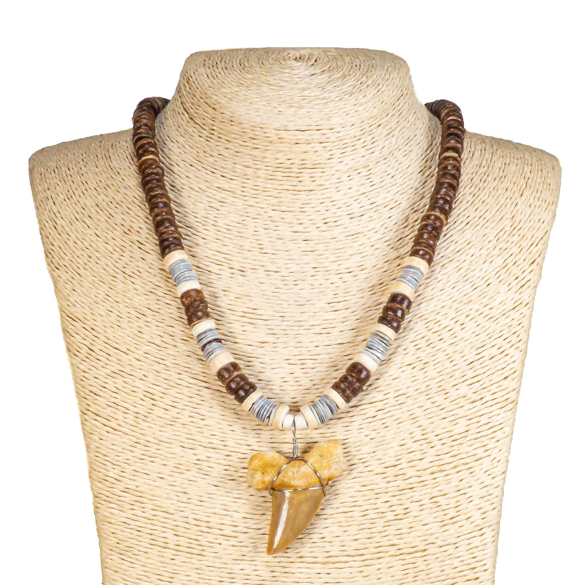 1¼"+ Shark Tooth Pendant on Brown Coconut and Oyster Shell Beads Necklace