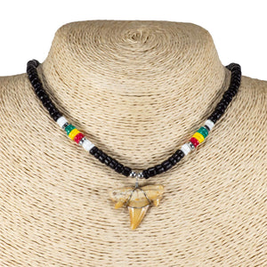 1"+ Shark Tooth Pendant on Black Coconut Beads and Rasta Puka Shell Beads Necklace