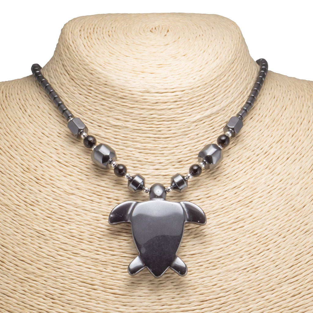 Hematite Sea Turtle Pendant on Hematite Beads Necklace