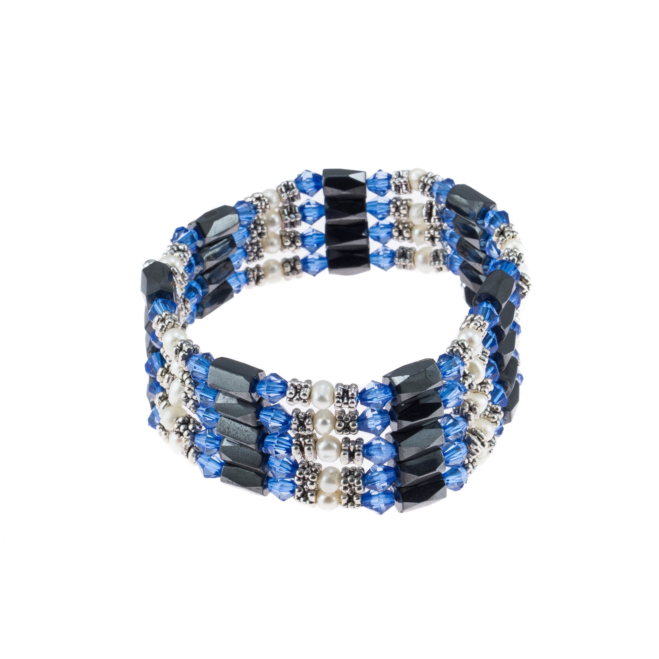Magnetic Hematite Beaded Wrap Bracelet, Anklet or Necklace with Genuine Fresh Water Pearls (Blue)